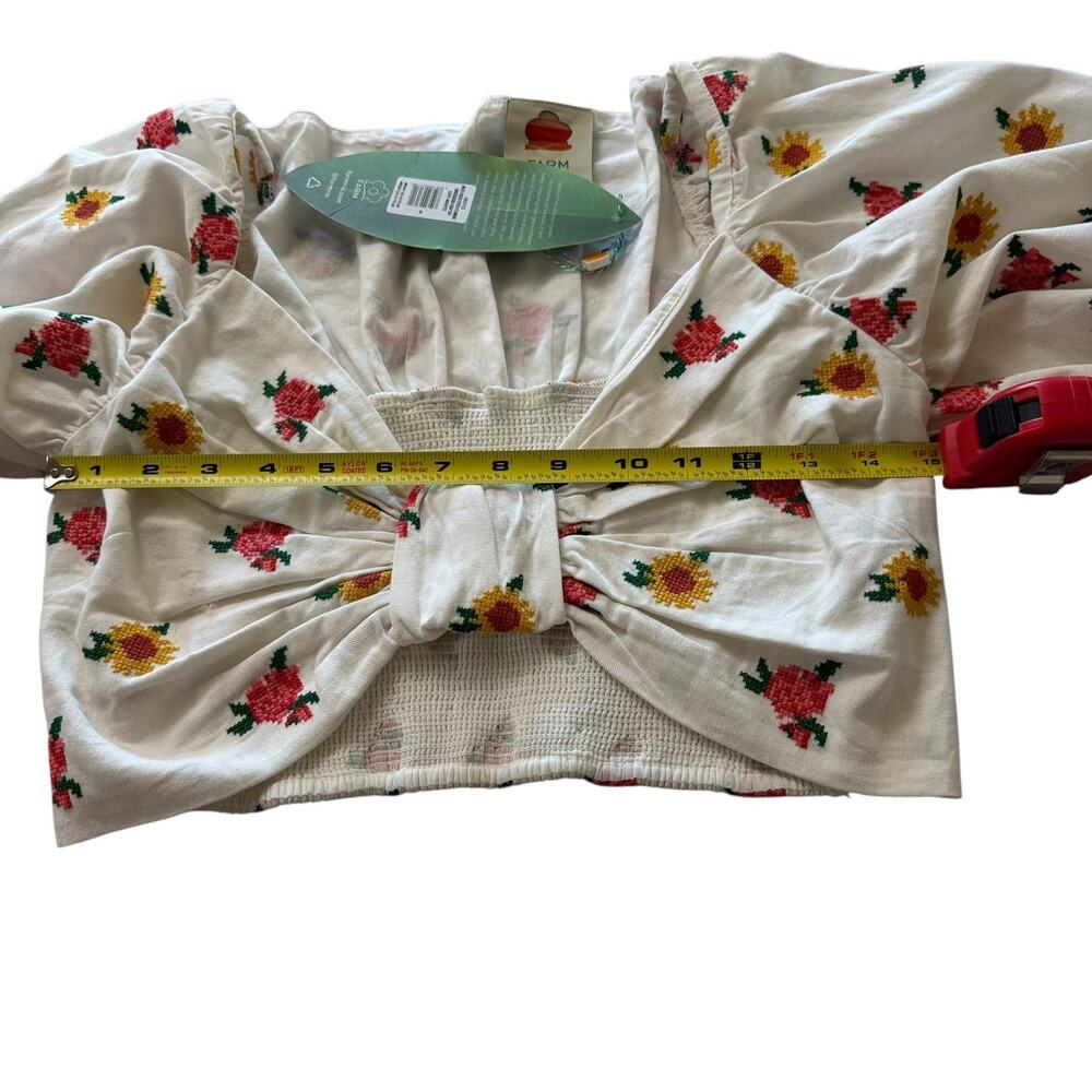 NEW Farm Rio Embroidered Cross Stitch Crop Top Off White Puff Sleeve Size Small - Picture 10 of 14